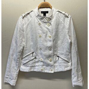 Womens Moto Double Breasted White 100% Linen Jacket Large Coastal Beach INC